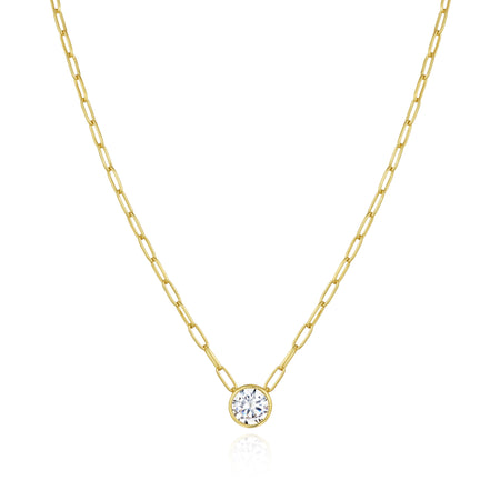 Solitaire Bezel on Paperclip Chain Necklace  14K Yellow or White Gold Plated Cubic Zirconia 15.5-21" Length Stone: 0.31" Diameter