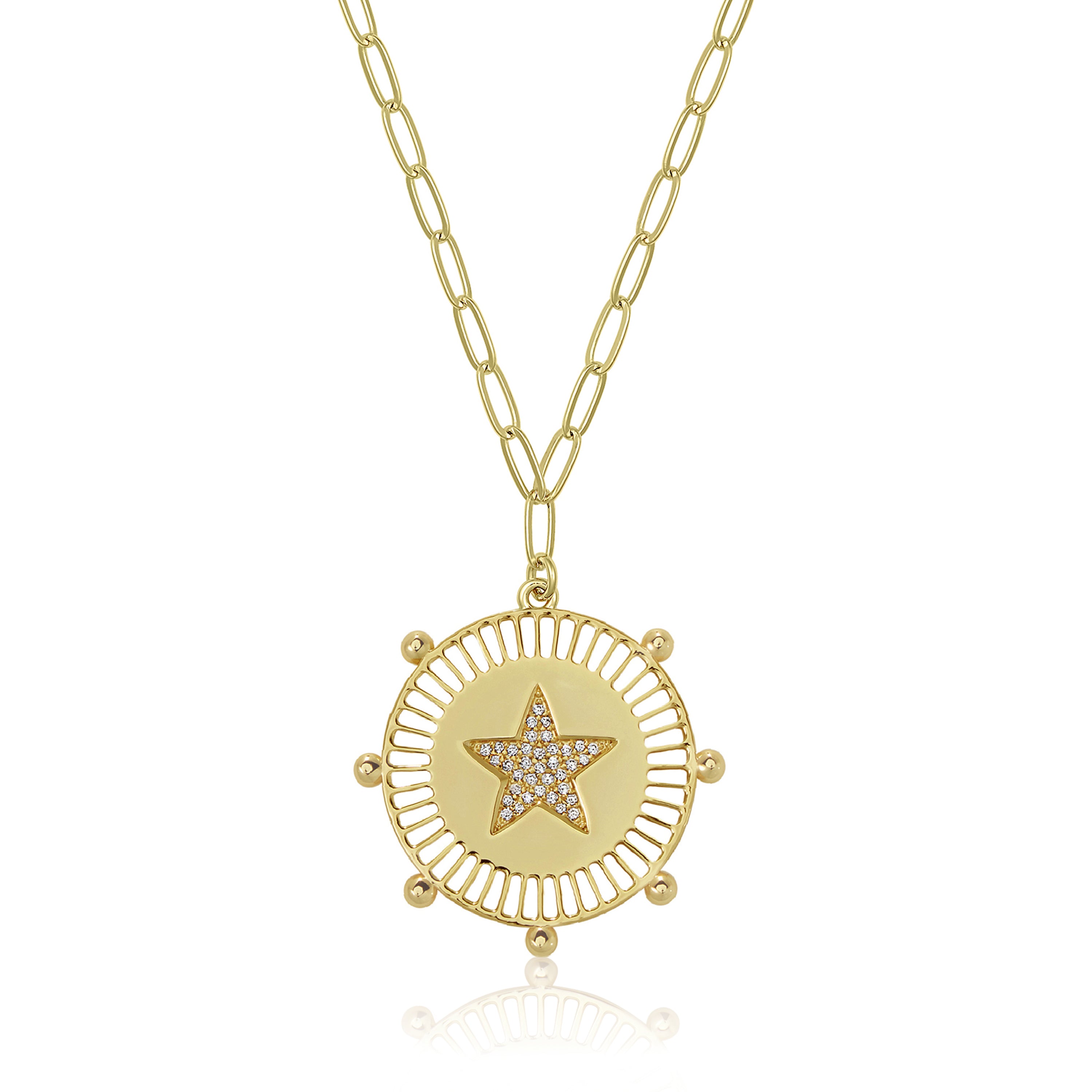 Yellow Gold Plated Pave Star Medallion Necklace on Paperclip Chain  Yellow Gold Plated  Chain: 16-20" Length Medallion: 1.0" Diameter Star: 0.5" Diameter