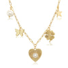 Pearl, Butterfly, CZ Heart, Clover, & Star Charm Chain Necklace  14K Yellow Gold Plated Can be worn 16 to 20" Large disk charm approximately 3/4" Small disk charm approximately 1/3 to 1/2" Pave-set with high intensity CZs