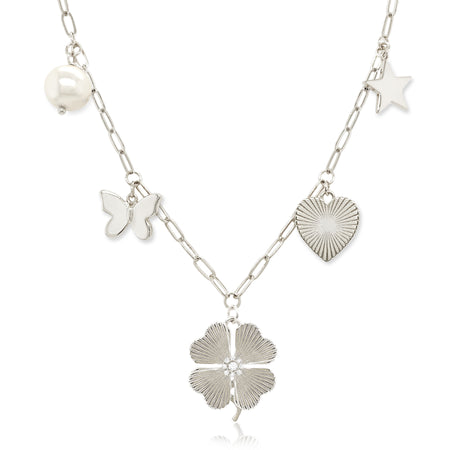 Pearl, Butterfly, CZ Clover, Heart, & Star Charm Chain Necklace  14K White Gold Plated Chain: 16-20" Length Large charm: 0.75" Diameter Small charm: 0.30-0.50" Diameter Pave-set with high intensity CZs