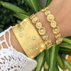 Pave Crystal Flower Accented Textured Matte Cuff Bracelet  Yellow Gold Plated 1.3" Thick