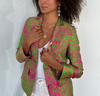 Pink & Green Floral Design Blazer  84% Cotton, 16% Silk Two button closure Two front pocket