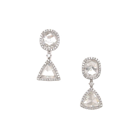 Rose Cut Diamond Round & Triangle Drop Earrings  18K White Gold  0.80 Diamond Carat Weight 0.46 Rose Cut Diamond Carat Weight  Pierced