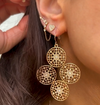 CZ Filigree Disc Drop Statement Pierced Earrings  The intricate filigree pattern and sparkling cubic zirconia of these earrings add to the stylish statement they make. With their unique and eye catching design, these earrings are a conversation starter and will make you the center of attention.  Yellow Gold Plated 2.50" Long X 1.68" Wide