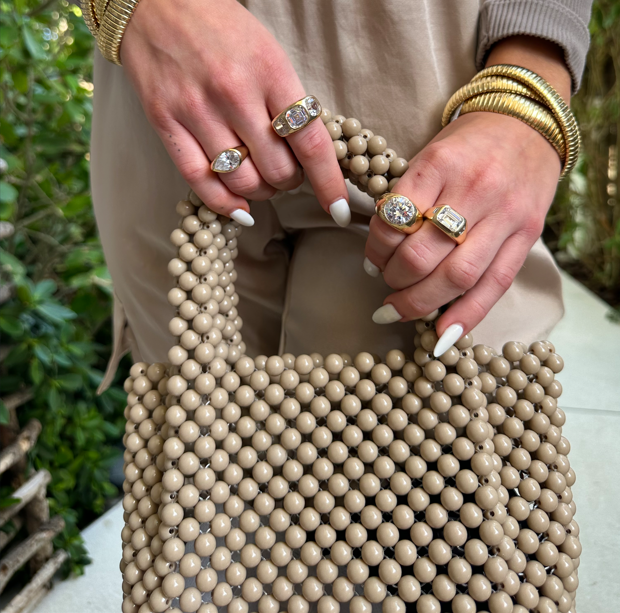 Nude Beaded Handbag   7.0 "Width X 6.25" Height Handle Drop: 3.5" Long  Open Top Closure Unlined 