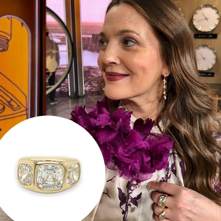 Three Cushion CZ Stone Gypsy Ring  14K Yellow Gold 0.5" Wide X 0.3" High  For additional ring sizes, please contact our boutiques.  As worn by Drew Barrymore.