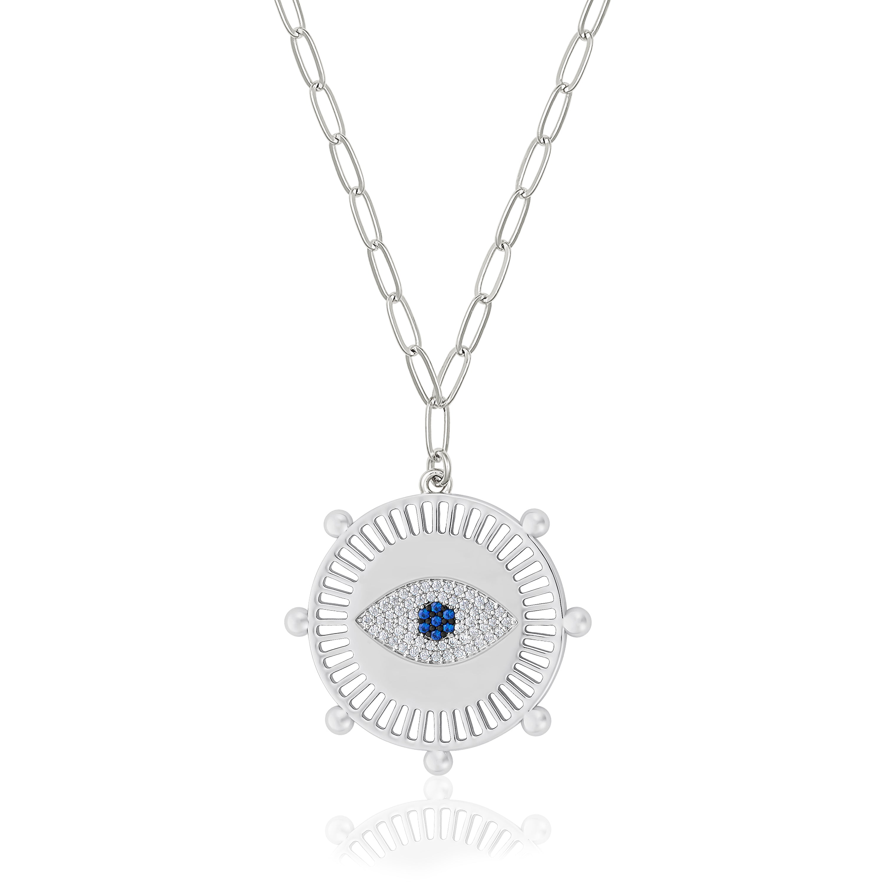 White Gold Plated Pave Evil Eye Medallion Necklace on Paperclip Chain  White Gold Plated Medallion: 1" Diameter Eye: 0.6" Diameter Chain: 16-20" Long