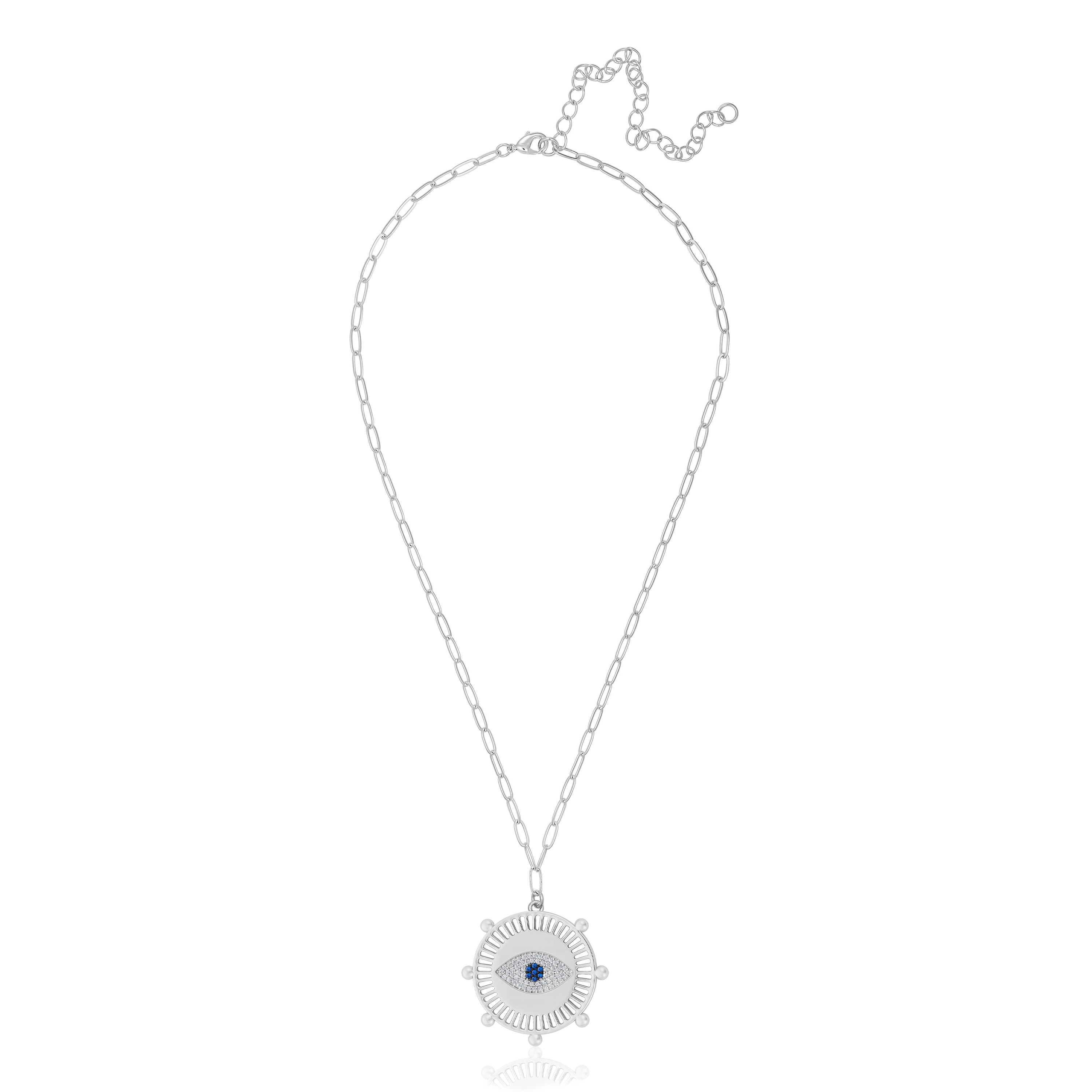 White Gold Plated Pave Evil Eye Medallion Necklace on Paperclip Chain  White Gold Plated Medallion: 1" Diameter Eye: 0.6" Diameter Chain: 16-20" Long