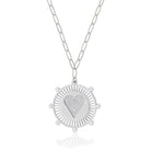 White Gold Plated Pave Heart Medallion Necklace on Paperclip Chain   White Gold Plated  16-20" Length Medallion: 1.0" Heart: 0.5"