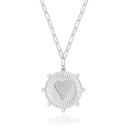 White Gold Plated Pave Heart Medallion Necklace on Paperclip Chain   White Gold Plated  16-20" Length Medallion: 1.0" Heart: 0.5"