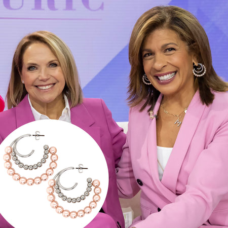Hoda Kotb wearing Pink & Gold Beaded Triple Hope Hoop Earrings  Yellow Gold or White Gold Plating Pink Faux Pearls 1.52" Length X 1.58" Width Pierced view 1