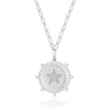 White Gold Plated Pave Star Medallion Necklace on Paperclip Chain  White Gold Plated Medallion: 1" Diameter Star: 0.5" Diameter Chain: 16-20" Long