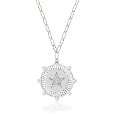 White Gold Plated Pave Star Medallion Necklace on Paperclip Chain  White Gold Plated Medallion: 1" Diameter Star: 0.5" Diameter Chain: 16-20" Long