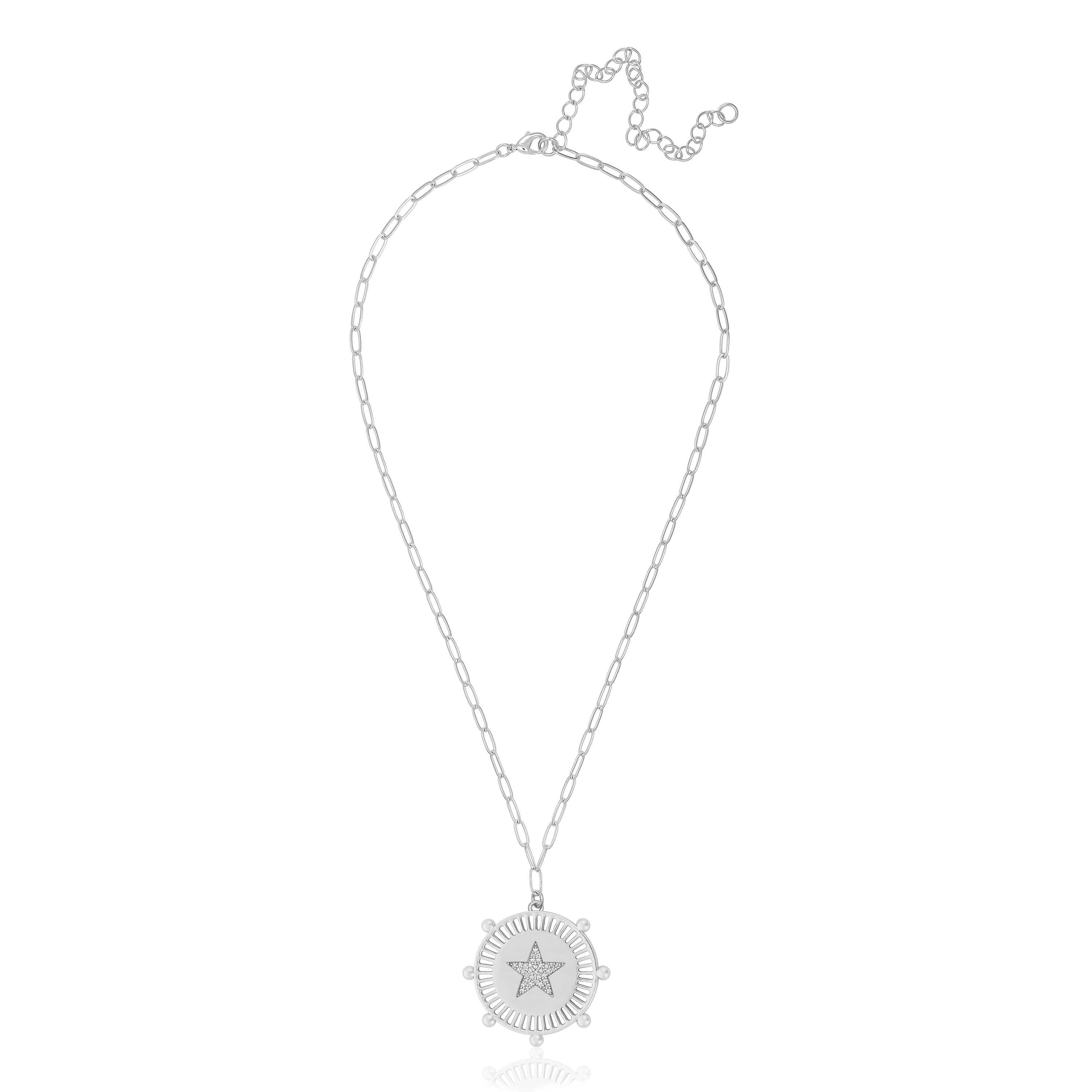 White Gold Plated Pave Star Medallion Necklace on Paperclip Chain  White Gold Plated Medallion: 1" Diameter Star: 0.5" Diameter Chain: 16-20" Long