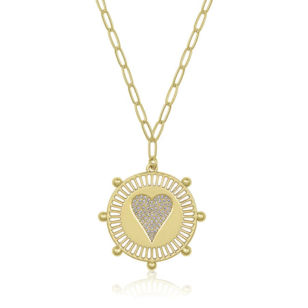 Yellow Gold Plated Pave Heart Medallion Necklace on Paperclip Chain  Yellow Gold Plated  16-20" Length Medallion: 1.0" Diameter Heart: 0.5" Diameter