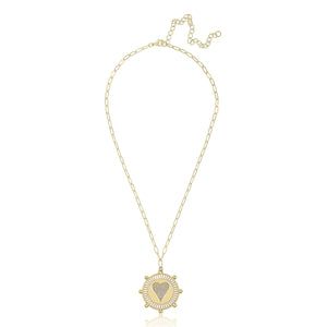 Yellow Gold Plated Pave Heart Medallion Necklace on Paperclip Chain  Yellow Gold Plated  16-20" Length Medallion approximately 1" Heart approximately 1/2"