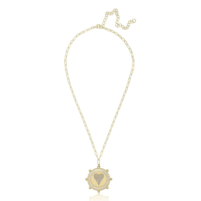 Yellow Gold Plated Pave Heart Medallion Necklace on Paperclip Chain  Yellow Gold Plated  16-20" Length Medallion approximately 1" Heart approximately 1/2"