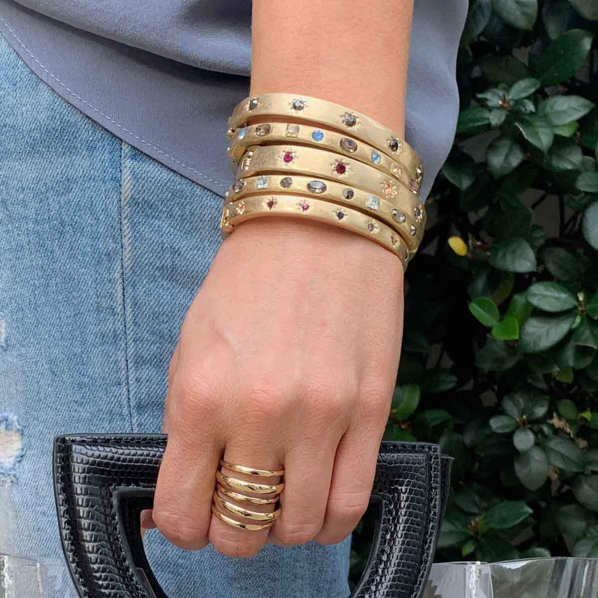Hem Etched Multi Color Starburst Thin Bangle Bracelet  Yellow Gold Plated 0.2" Thick 2.4" Length X 2.0" Width Hinge Closure