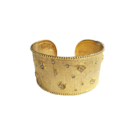Pave Crystal Flower Accented Textured Matte Cuff Bracelet  Yellow Gold Plated 1.3" Thick
