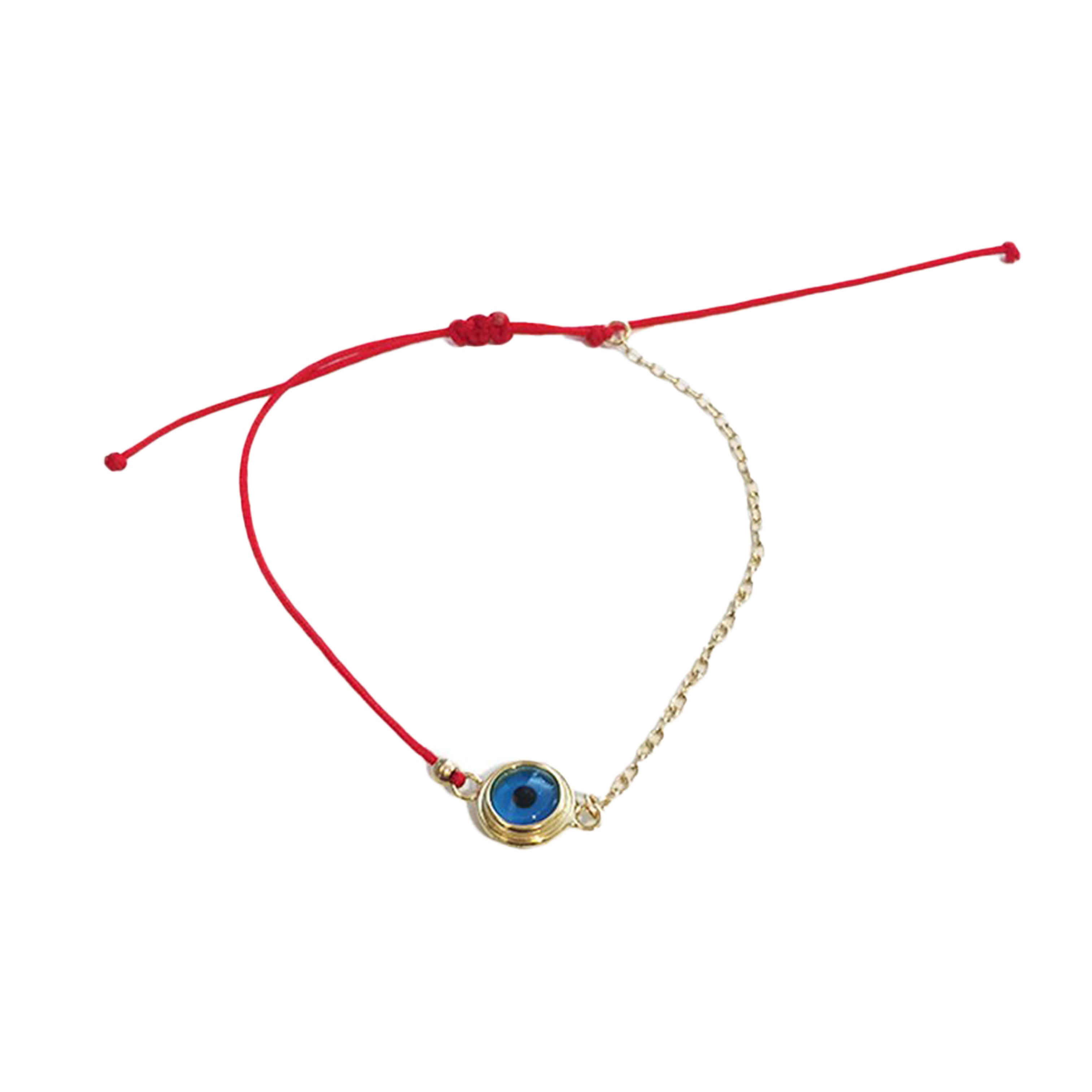 Chain & String Evil Eye Bracelet  Yellow Gold Plated Adjustable Eye Charm .23" Diameter