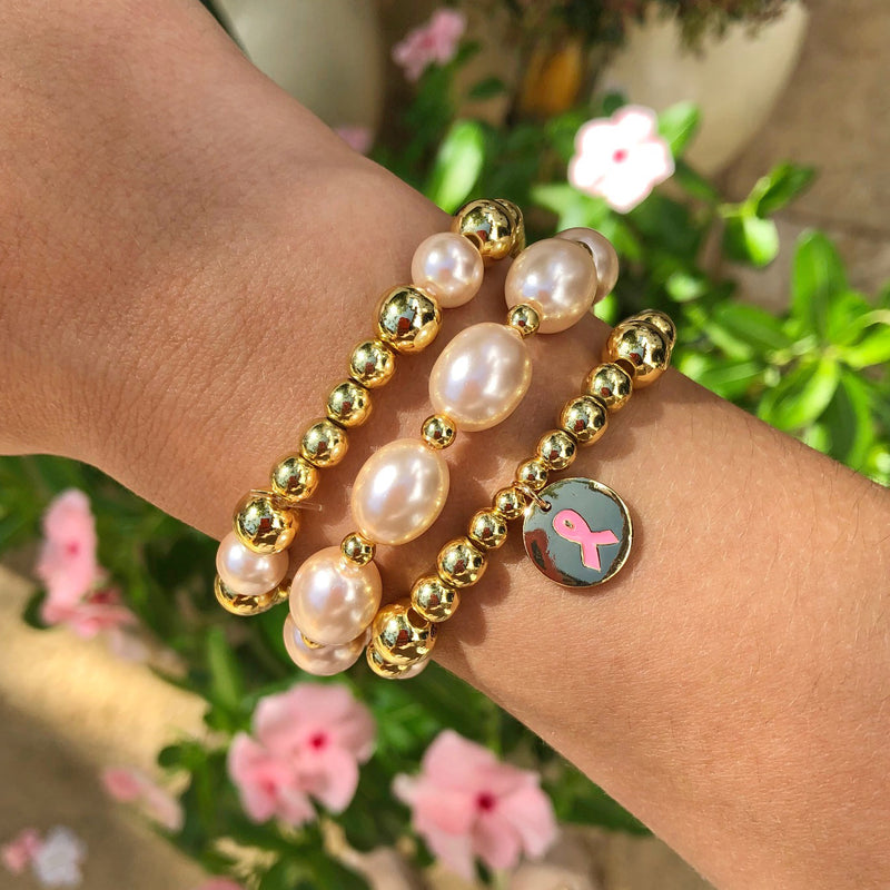 Yellow Gold Beads and Faux Pink Pearls with BCA Charm 3 Stretch Bracelet Set  Yellow Gold Plated 0.15", 0.20", 0.22", 0.30" Gold Beads 0.32", 0.40" x 0.50" Faux Pink Pearls Breast Cancer Awareness Ribbon Charm