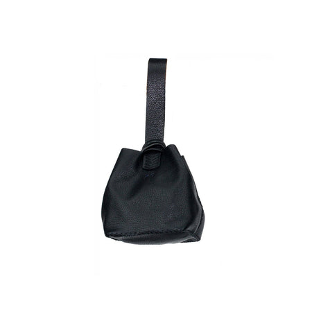Black Leather Mini Bucket Bag  6.3" X 5.5" X 5.5" Up-cycled Leather Hand stitched  As each bag uses up-cycled leather and is hand stitched, each bag is unique & no two are alike. The item will vary