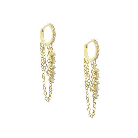Hanging Chain Huggie Earrings  Yellow Gold Plating over Silver Cubic Zirconia 1.67" Length X 0.12" Width  Pierced 