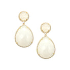 White Domed Teardrop Earrings  Yellow Gold Plated over Silver White Chalcedony Pave Cubic Zirconia Border 1.75" Length X 0.90" Width Pierced