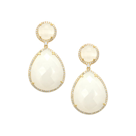 White Domed Teardrop Earrings  Yellow Gold Plated over Silver White Chalcedony Pave Cubic Zirconia Border 1.75" Length X 0.90" Width Pierced view 1