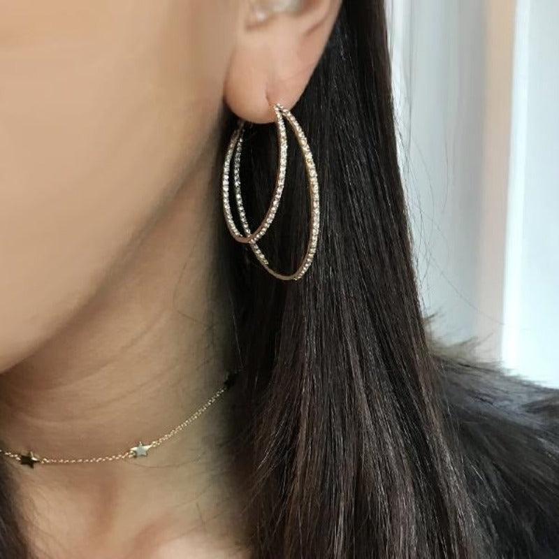 Asymmetrical Double Pave Crystal Pierced Hoop Earrings  Yellow Gold Plated 1.75" Long X 2.0" Wide