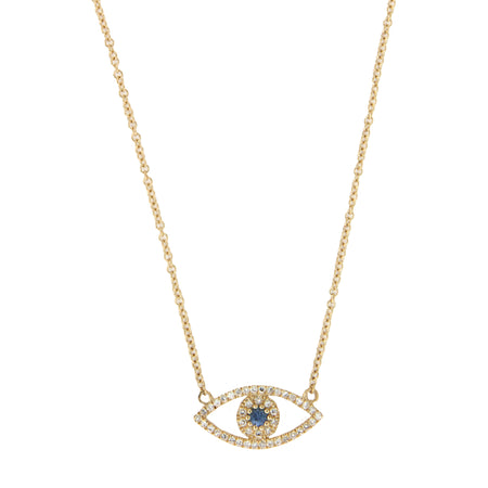 14K Gold Blue Sapphire & Diamond Evil Eye Chain Necklace  14K Yellow Gold 0.11 Diamond Carat Weight 0.08 Blue Sapphire Carat Weight Eye: 0.30" Long X 0.60" Wide 15-17" Adjustable Chain