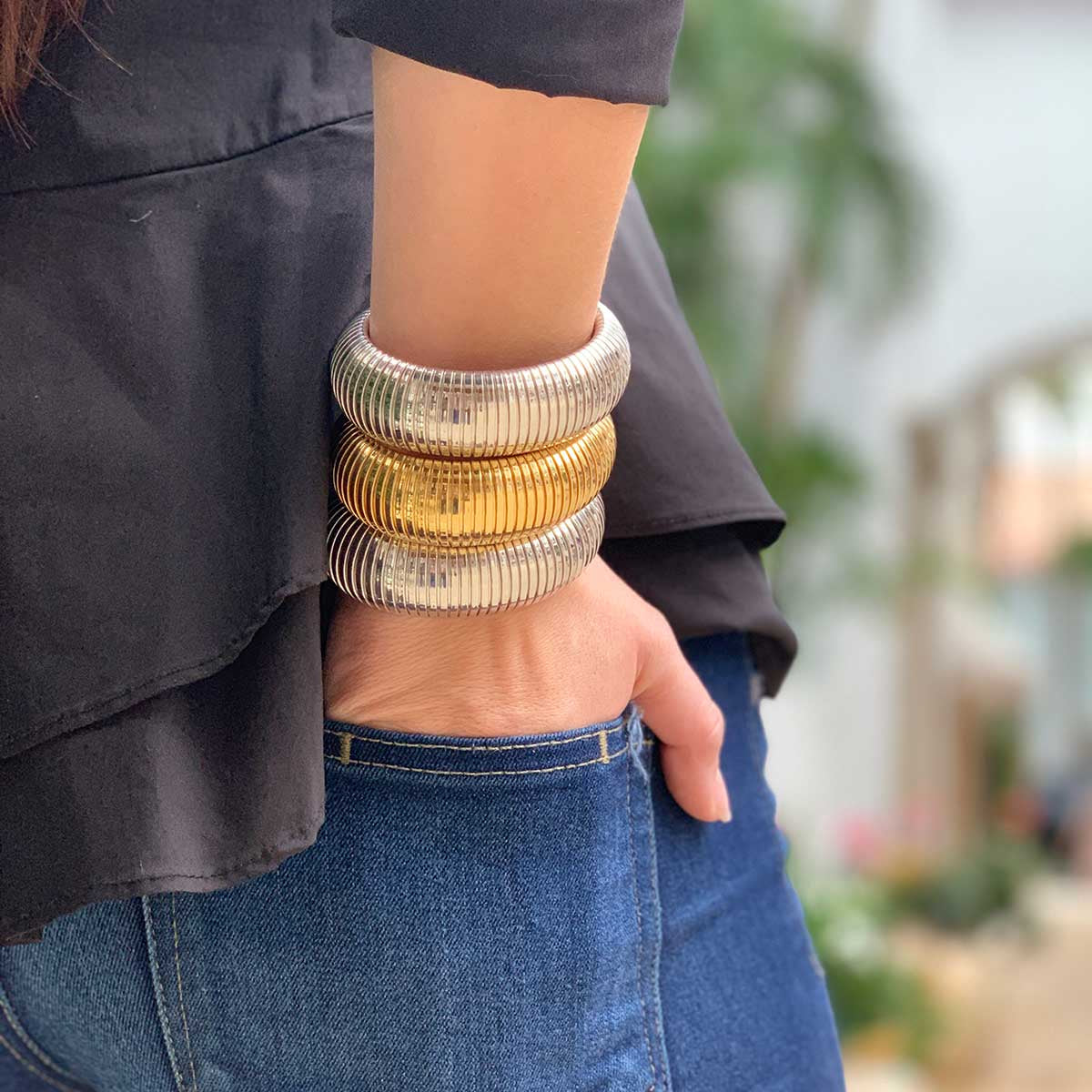 Flex Wide Dome Cuff Bracelet   • Yellow or White Gold Plated Over Silver • 1.0" Wide • Also Available in 18K Gold