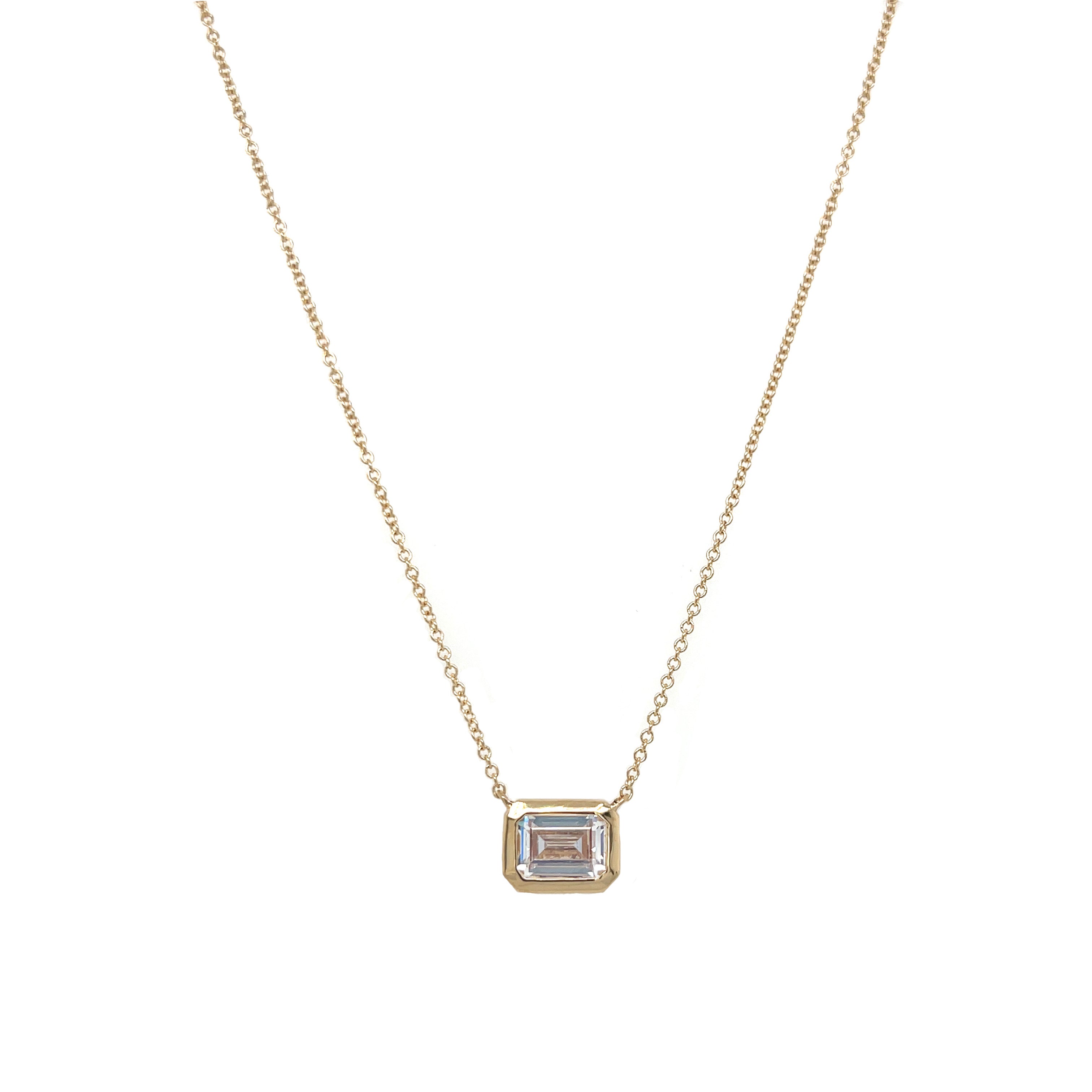 CZ Emerald Cut Solitaire Bezel Chain Necklace  14K Yellow Gold 0.75 CZ Carat Weight Stone: 7MM Long X 5MM Wide Chain: 14-18" Long