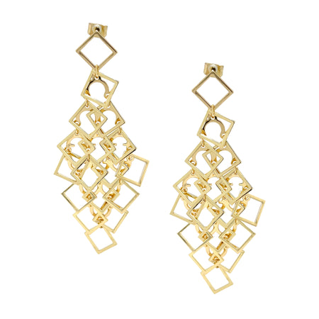 Square Shape Layered Chandelier Dangle Pierced Earrings  Yellow Gold Plated 3.35" Long X 1.36" Wide