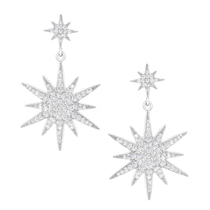 Pave-Set CZ Starburst Double Drop Earrings   • White Gold Plated • Approx. 1.5" Long