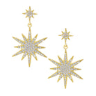 Pave-Set CZ Starburst Double Drop Earrings  Yellow Gold Plated 1.5" Length