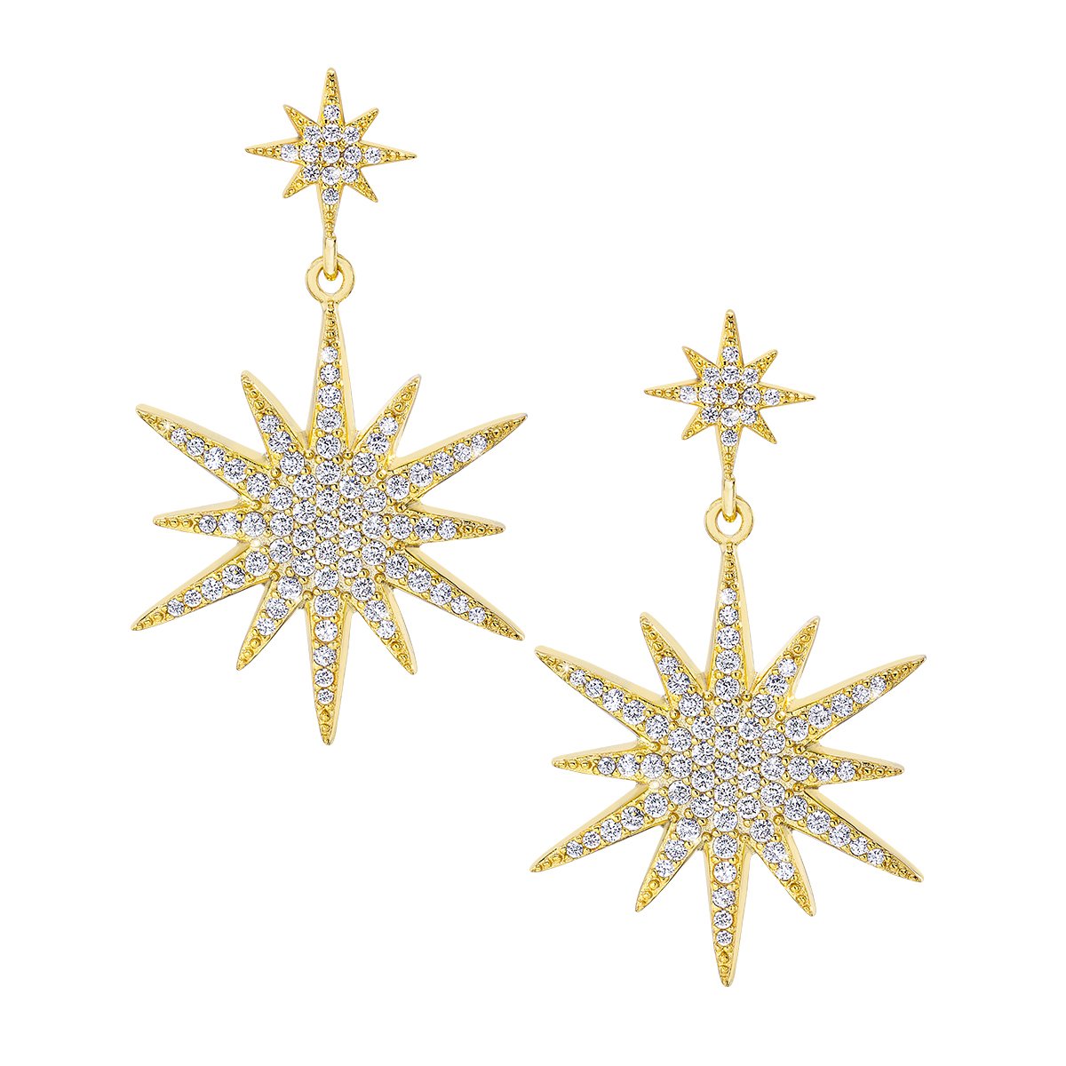 Pave-Set CZ Starburst Double Drop Earrings  Yellow Gold Plated 1.5" Length