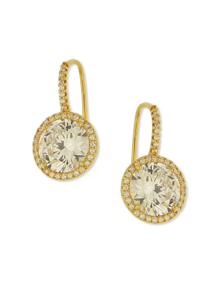 Large Round Center & Pave Faux Diamond Drop Pierced Earrings   • Yellow Gold Plated Over Silver