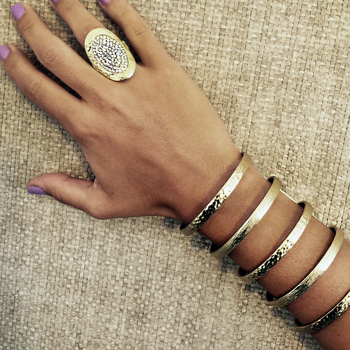 Five Bangle Cuff Bracelet  Matte Yellow Gold Plated 3.19" Long 2.50" Inner Diameter Slightly Adjustable