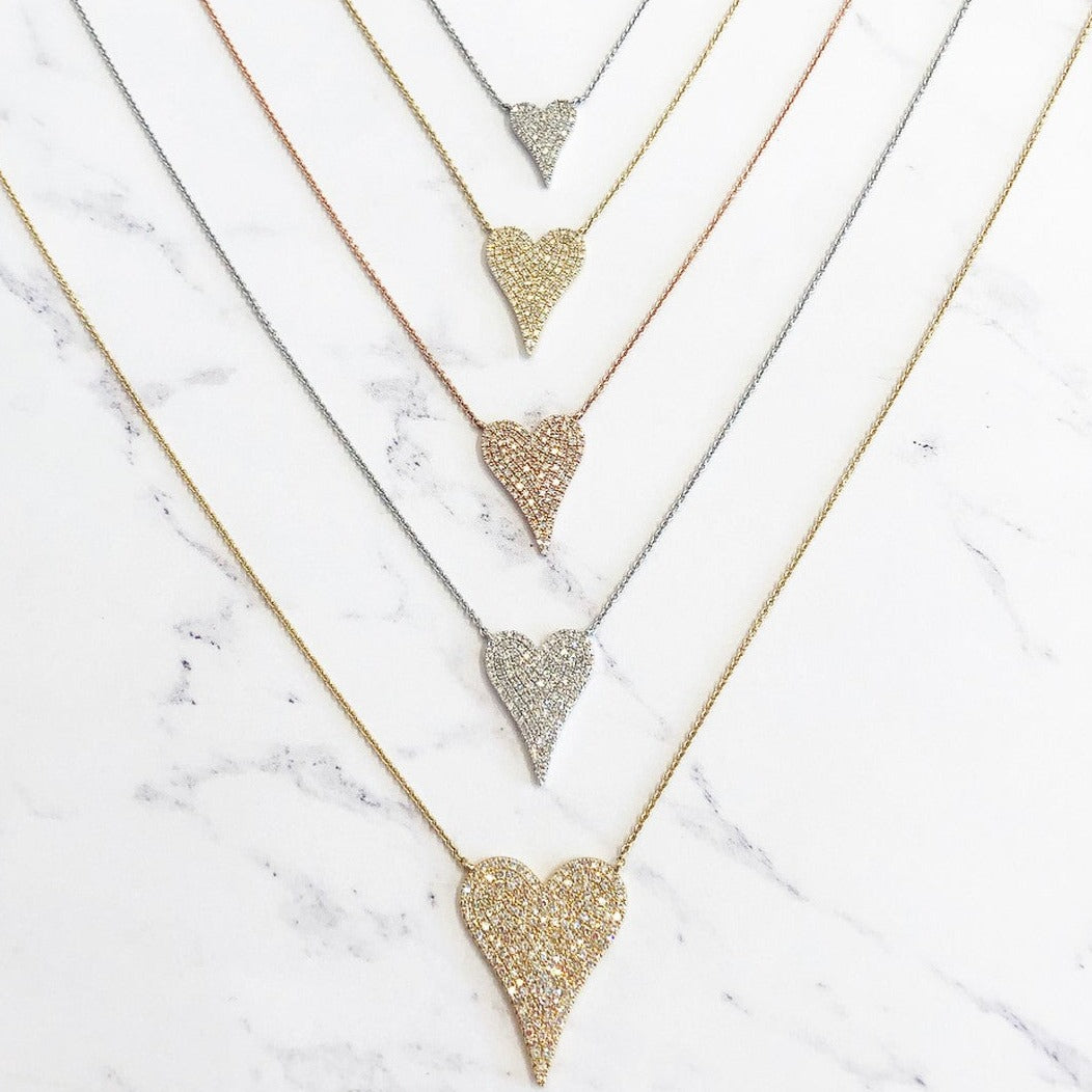 Medium Sized Pave Diamond Heart Necklace  14K Yellow Gold 0.26 Diamond Carat Weight 15.5"- 17.5" Chain Length Heart: 0.66" Length X 0.44" Width
