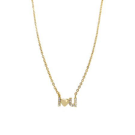 CZ I Heart You Chain Necklace  Yellow Gold Plated 0.18" Long X 0.40" Wide 15-17" Adjustable Chain