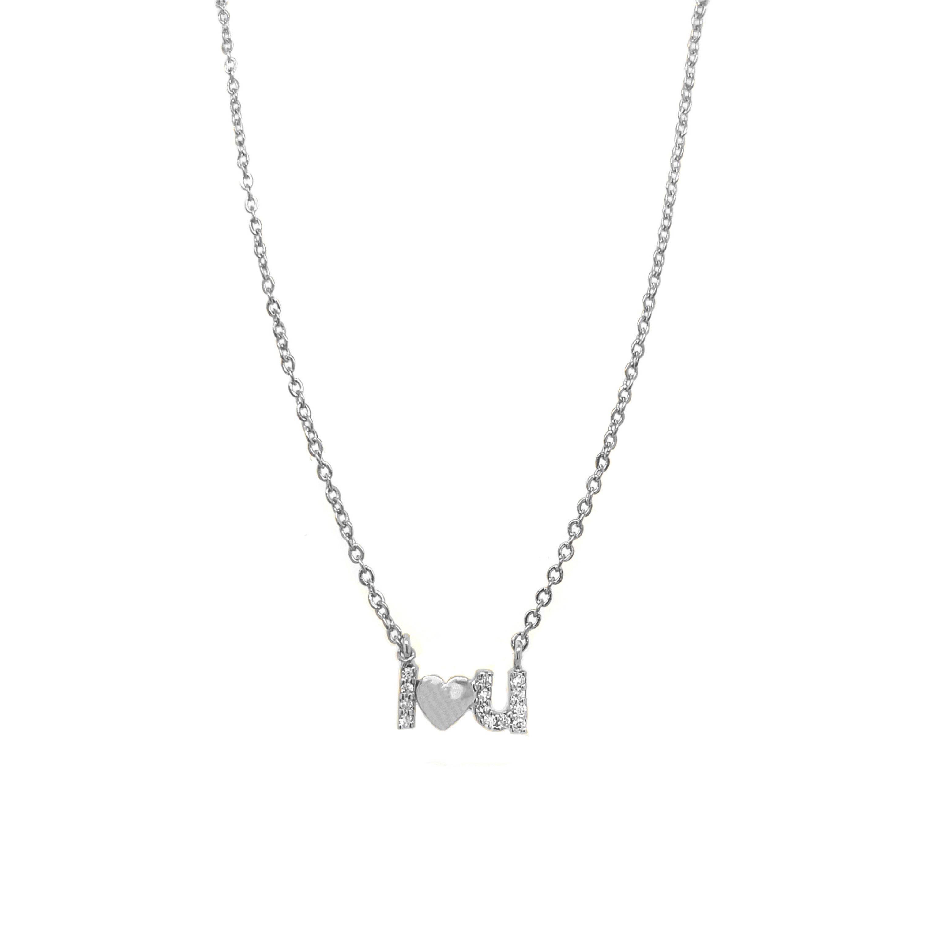 CZ I Heart You Chain Necklace  White Gold Plated 0.18" Long X 0.40" Wide 15-17" Adjustable Chain  