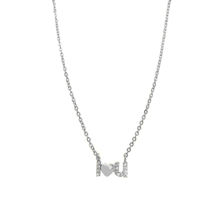 CZ I Heart You Chain Necklace  White Gold Plated 0.18" Long X 0.40" Wide 15-17" Adjustable Chain  