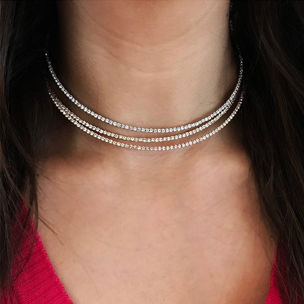 Woman wearing White Faux Diamonds Flexible Choker Necklace   • White Gold Plated