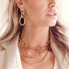 Woman wearing chain link collection in yellow gold earrings and necklaces