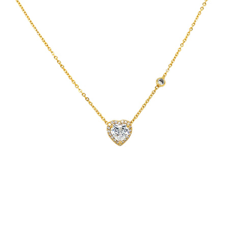 CZ Halo Heart Bezel Chain Necklace  Yellow Gold Plated 0.40" Long X 0.38" Wide 16-18" Adjustable Chain