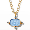 Periwinkle Engraved Mithra on Hammered Chain Necklace 18K Yellow Gold Plated Pale Periwinkle Italian Glass accented with Rainbow Moonstone Tanzanite Stones 18" Length