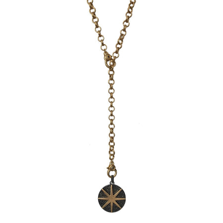 Starburst CZ Disc Two Tone Charm Necklace  Matte Yellow & Oxidized Gold Plated Chain: 36" Long Pendant: 1.5" Diameter