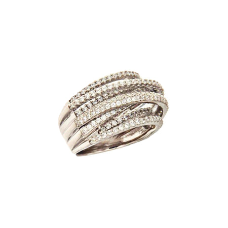 Pave Faux Diamond 3D Criss Cross Ring  White Gold Plated 0.5" Width 7 Criss Cross Bands