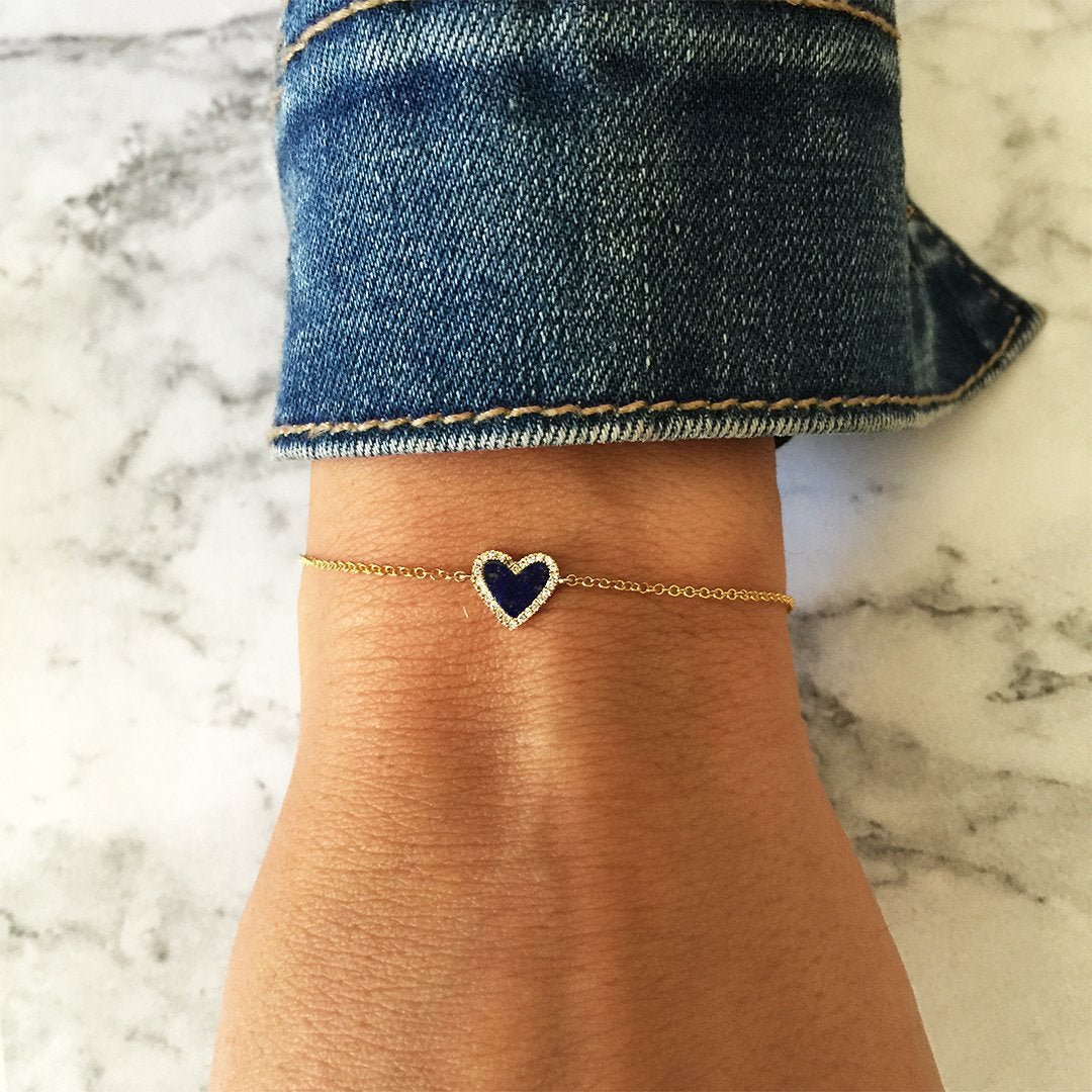 Pave Diamond & Lapis Heart Chain Bracelet  14K Yellow Gold 0.13 Lapis Carat Weight 0.06 Diamond Carat Weight Chain: 6-7" Length Heart: 0.25" Diameter